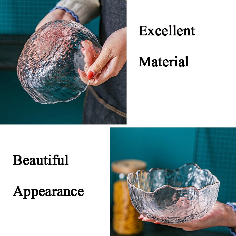 Irregular Gold Inlay Edge Glass Salad Bowl Fruit Rice Serving Bowls Food Storage Container Lunch Bento Box Decoration Tableware