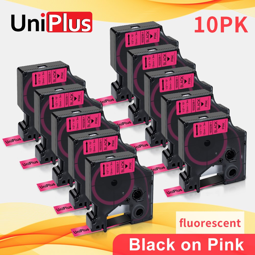 UniPlus 10PK Fluorescent Labeling Tape 12mm Compatible Dymo Tape D1 Black on Pink for Dymo Label Maker LabelPoint 300 350 200: 10 pieces