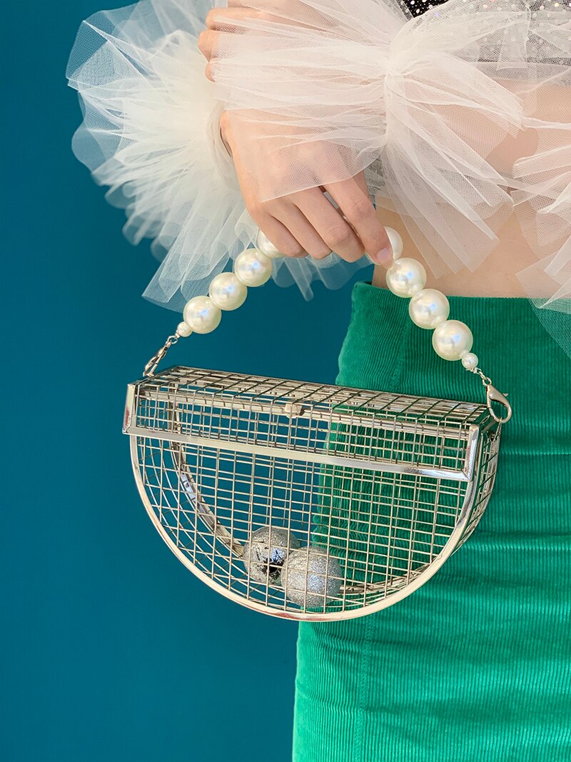 INS – pochette de soirée ajourée pour femmes, sac à main avec Cage à oiseaux, fourre-tout avec poignée supérieure en perles, pour fête de mariage