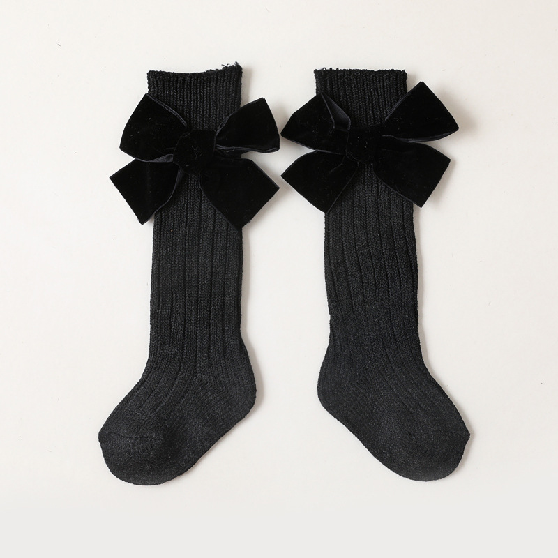 Calzini alti al ginocchio per ragazze invernali calzini per bambini grandi con fiocco scaldamuscoli solidi principessa bambini calzini morbidi a maglia lunga per 1-8 anni: Black / 1-3 Years (S)