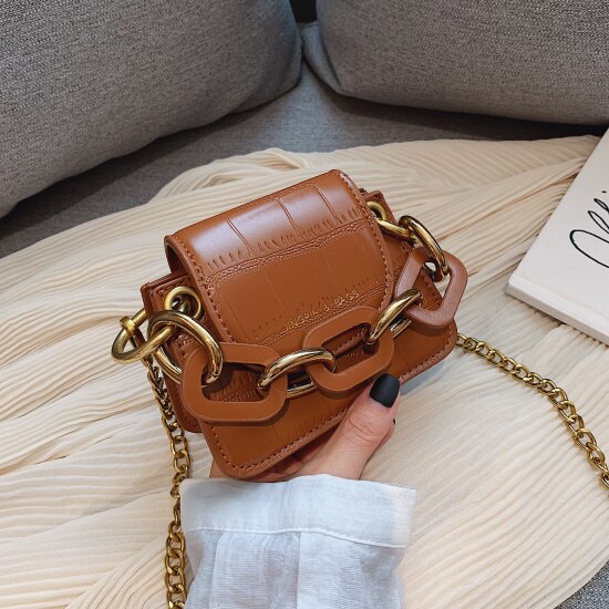 Stone Pattern PU Leather Crossbody Bags For Women Thick Chain Shoulder Messenger Bag Lady Mini Tote Lipstick Handbags: Brown