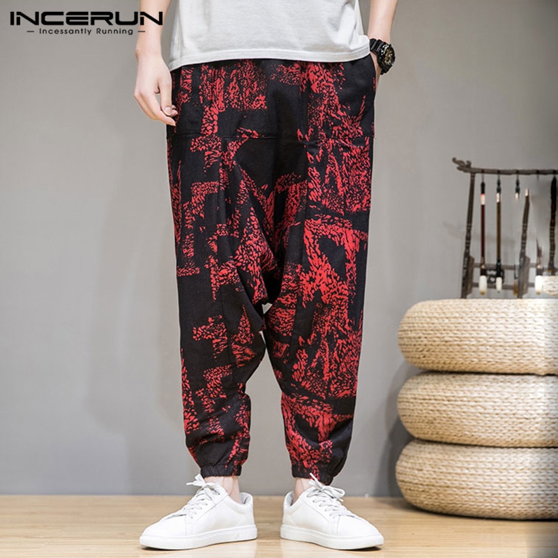 Incerun moda masculina impresso harem calças casual bolsos soltos joggers cintura elástica pantalon 2020 calças drop-virilha streetwear