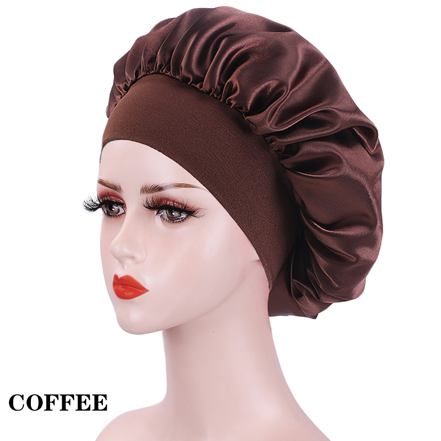 Wide Elastic Band Women Satin Night Sleep Cap Hair Bonnet Hat Silk Head Cover Women&#39;s Satin Solid Sleeping Hat Night Sleep Cap: COFFEE