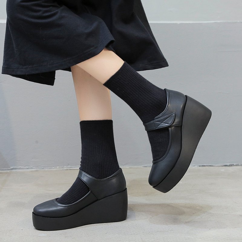Efterår forår kvinder kiler mary janes sko sorte høje hæle platform pumps chunky dame sko zapatos mujer lolita 8703n: 38