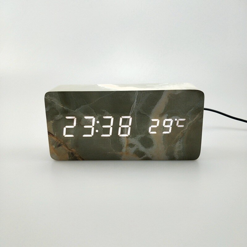 Led wooden marble stone pattern wooden clock temperature clock digital clock sound control electronic alarm clock 1299