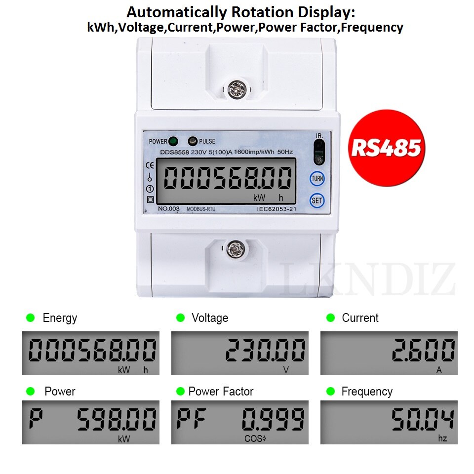 5-100A 230V Upgraded Multi function Single Phase AC Energy Meter Electric Consumption Meter Monitor DIN Rail with RS485 Modbus