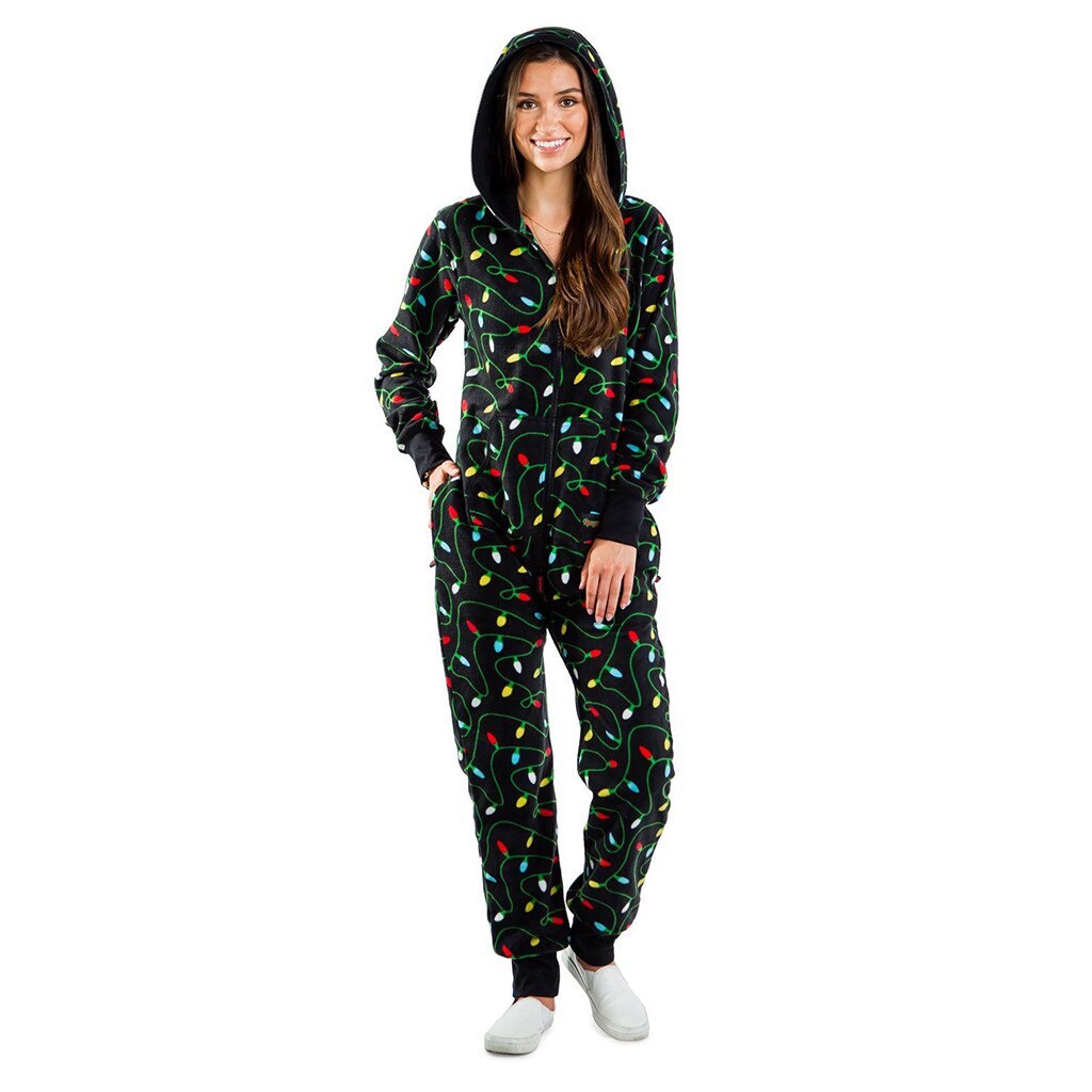 Women Long Sleeve Sleep Wear Hooded Christmas Printed Pyjamas Nightwear Jumpsuit Sleepwear пижама пижамы ночнушка: S