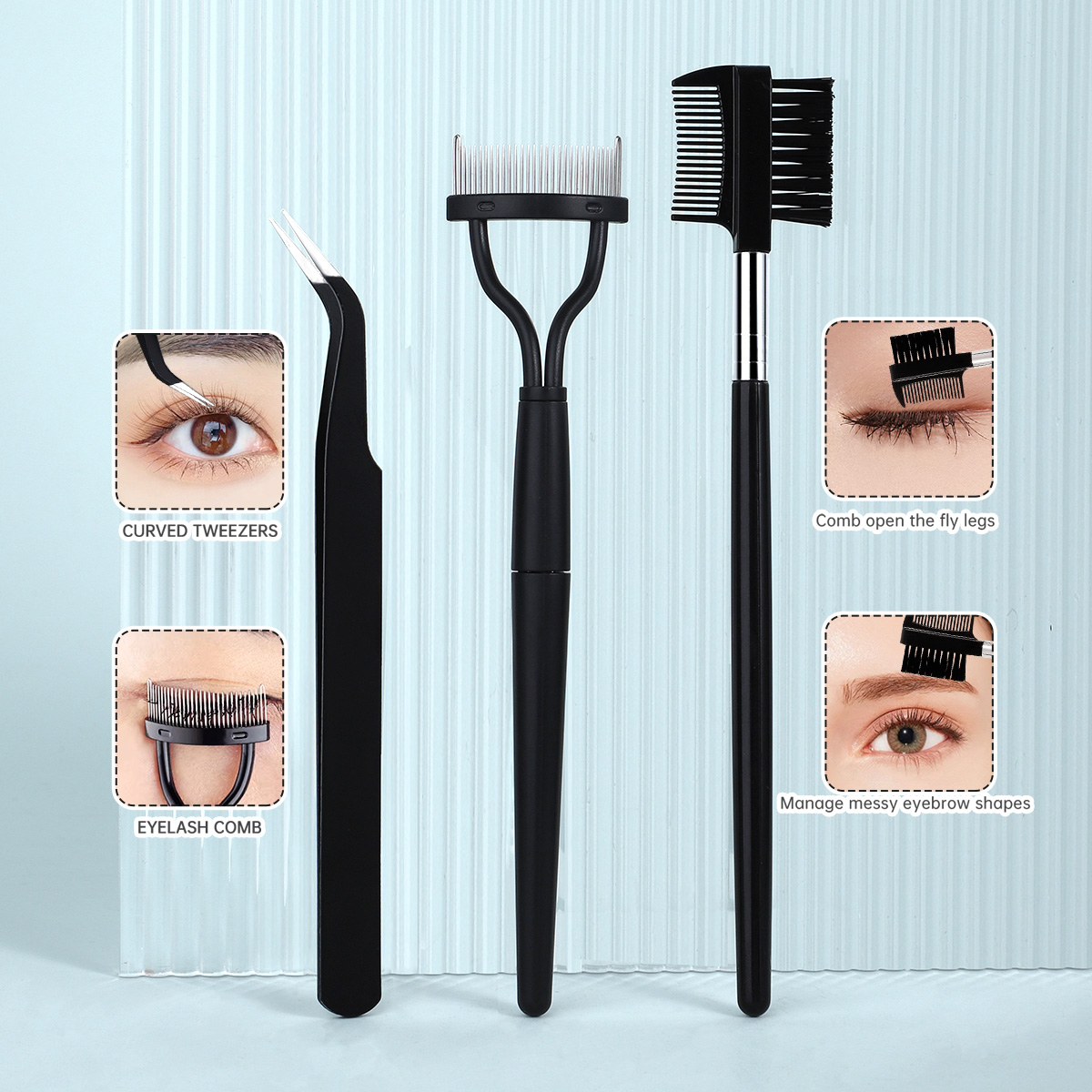 Wimpern mit 5 Silikonpads, 1 doppelseitiger Augenbrauen- und Wimpernkamm, 1 Wimpernstahlkamm, 1 Wimpernpinzette und 3 Spiralkämme