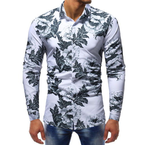 Mens Slim Fit Floral Shirt Casual Long Sleeve Dress Shirts Luxury Tops: C / XXL