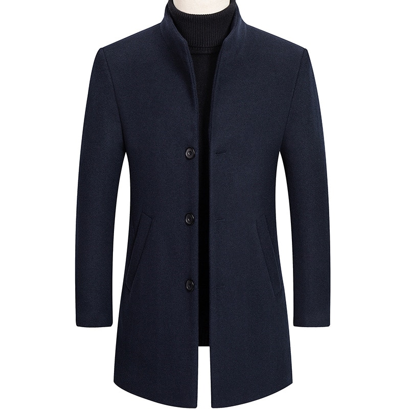Heren lange wollen jas, heren wollen jas, lange jas, heren windjack, winter herenkleding, herenjassen, heren wollen jas: Marineblauw / M