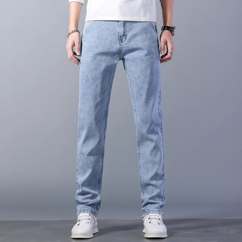 2022 Spring Summer Brand Fitted Straight Light Blue Thin Jeans Classic Zipper Pocket Men&#39;s Casual Lightweight Jeans
