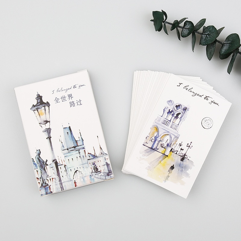 28 folhas/conjunto passando o mundo pintado à mão aquarela cidade lomo cartão postal/cartão de visita/presente de carta de aniversário cartão do cartão
