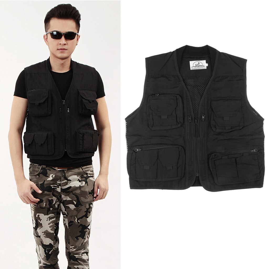 Heren multi pocket mesh visvest multi-pocket visfotograaf snel drogend ademend vest outdoor casual jas zwart