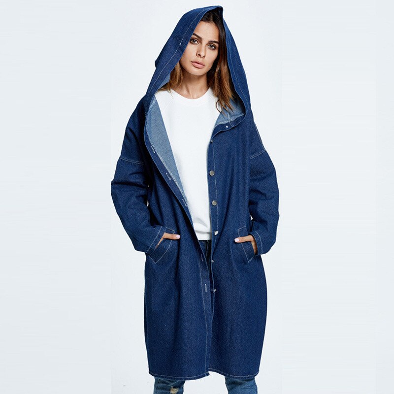 Gabardina vaquera de talla grande para mujer, abrigo largo de manga larga con capucha, rompevientos, básico, informal, primavera y otoño