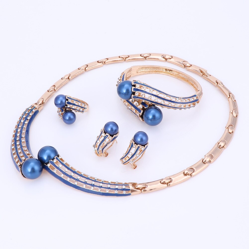 Mærke smykker sæt guld farve smykker sæt kvinder bryllup tilbehør til kvinder simuleret perle krystal halskæde øreringe sæt: Blå