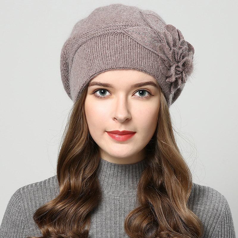 Brand Female Beret Wool Knitting Cap Hat Autumn Winter Floral Women Berets: Khaki