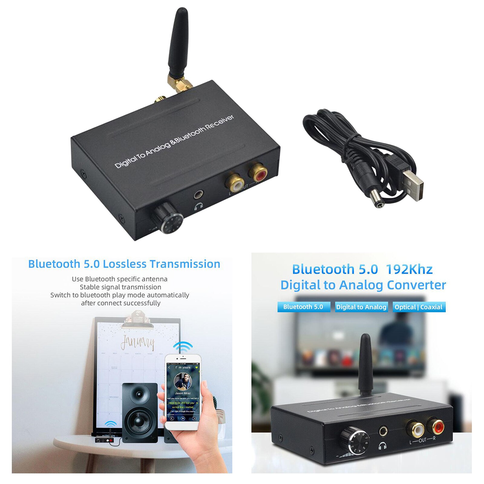 192kHz Digital to Analog Converter with Bluetooth Receiver Built-in Bluetooth V5.0 DAC Adapter Supports 3.5mm Audio Output