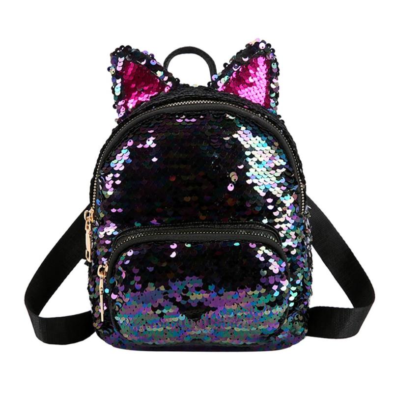 Mochila de lentejuelas con orejas de gato para chicas, bolso escolar de viaje, con cremallera: Purple