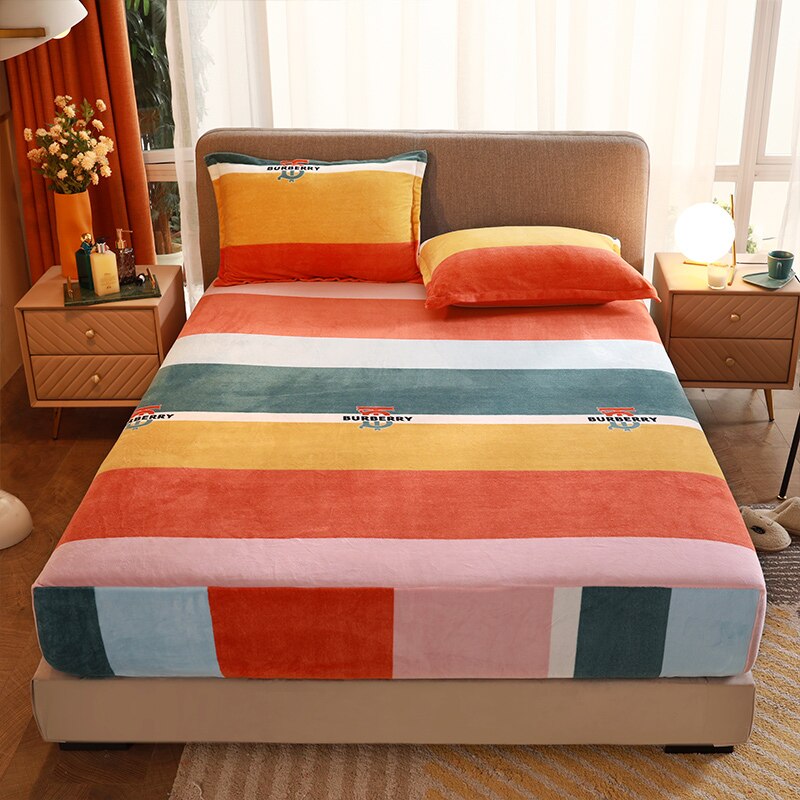 Fitted Sheet Winter Keep Warm Bed Linen Home Thickened Soft Milk Velvet Mattress Cover 150x200 180x200cm Adult Kids Bedspread: 060 / 2 pcs pillowcase