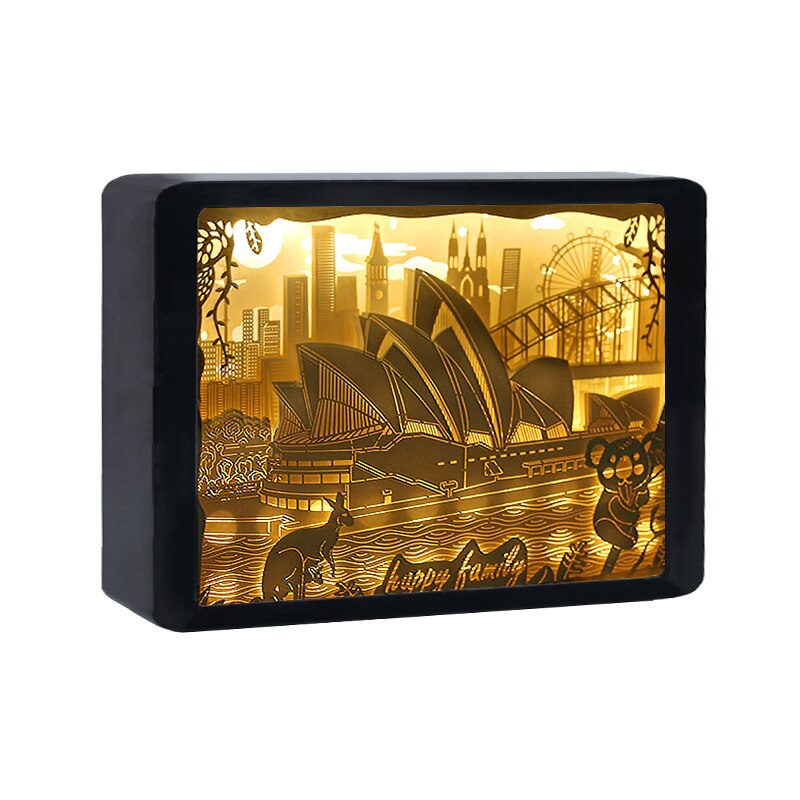 LED Night Lights Australia 3D Shadow Paper Sculpture Light Box Unique Paper Cut Light USB Charging Bedside: black frame