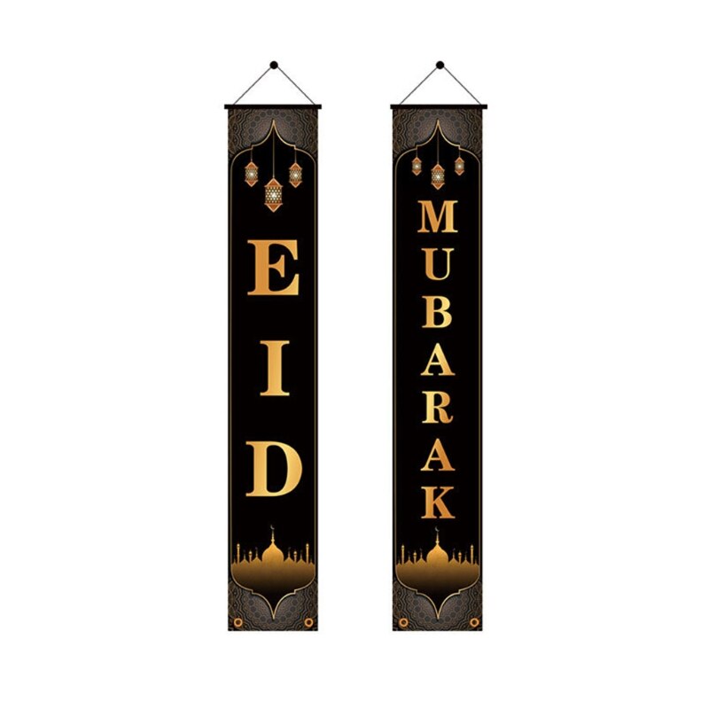 2Pcs Eid Mubarak Porch Banner Ramadan Kareem Front Door Flag Hanging Sign Decor H051