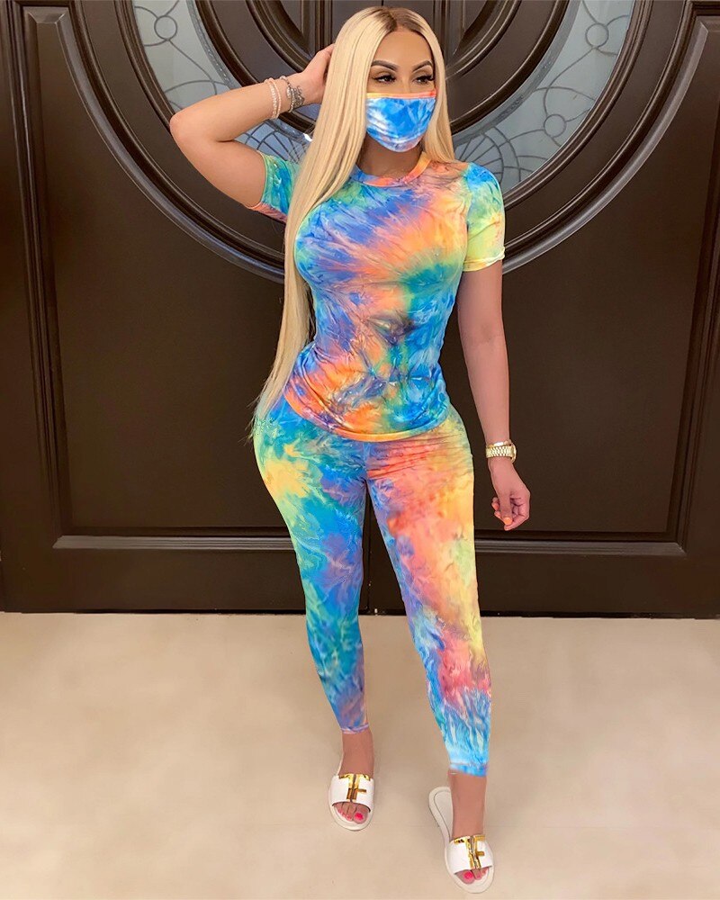 4 kolory kobiety Tie-Dye dwuczęściowy zestaw treningowy kobiet odzież sportowa 2 sztuka ćwiczenia strój dresy (bez maski): Xl / Niebieski