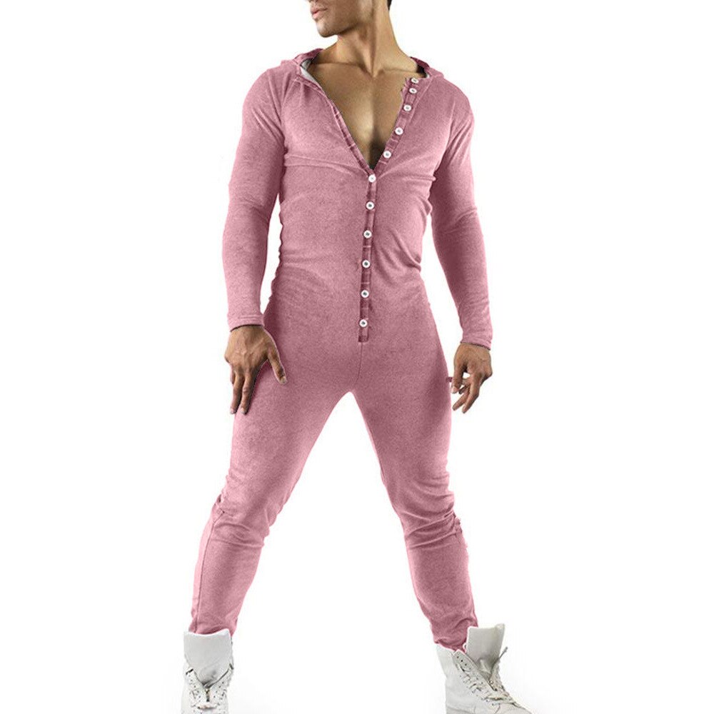 Men Solid Splicing Jumpsuit Men One-piece Garment Pajama Playsuit Fleece Button Hoodie Male Onesie Jumpsuits Overalls Hombre2021: Pink / XL