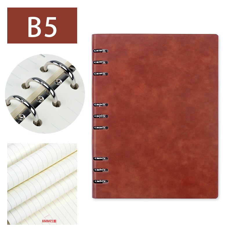 A5/a6/b5 pu læder 6 ringe bindemiddel spiral notesbog kontor dagsorden forretningsnotat bog journal dagbog planlægning notesbøger stationære: B5