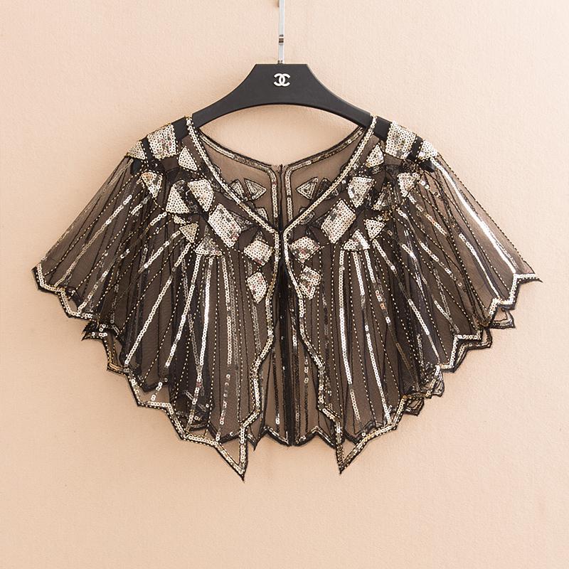 Châle de mariée , 16 couleurs, enveloppe en dentelle noire, boléro Cape courte pour femmes, paillettes scintillantes, veste d'été en dentelle noire: blackgold