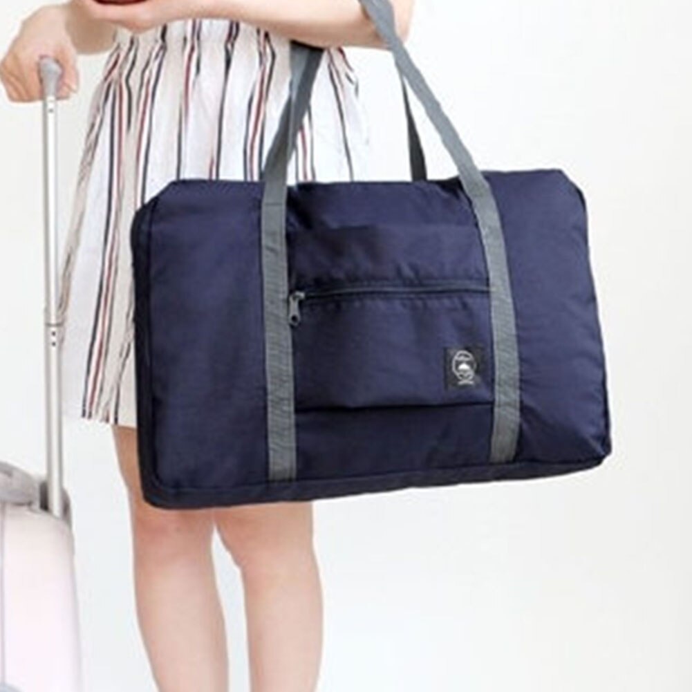 Clothes Storage Handheld Polyester Organizer Single Shoulder Foldable Space Saving Portable Side Pocket Dual Zipper Travel Bag: Navy