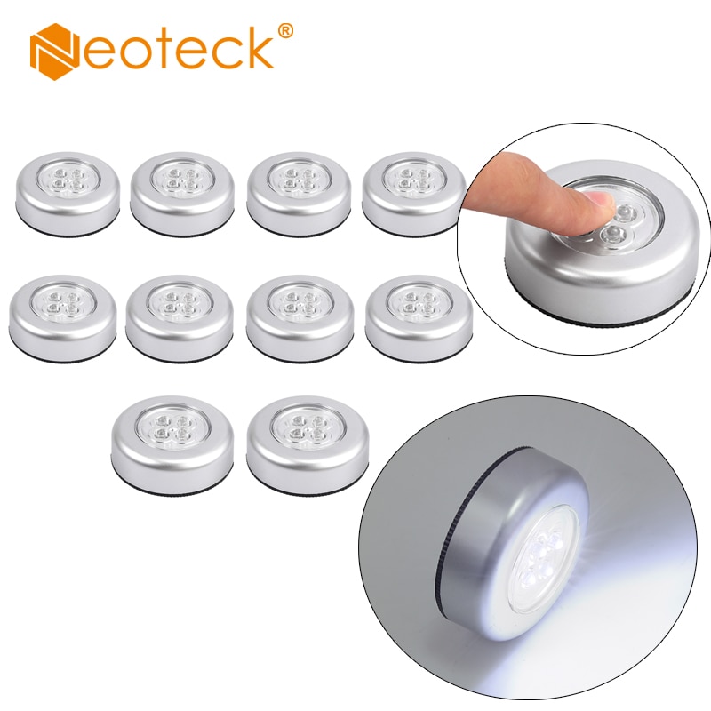 Neoteck 4 LED Touch Push Button Light Self-Stick Long Battery Life Down Spot Lights For Kitchen Bedroom Cold White Lamp Bulbs