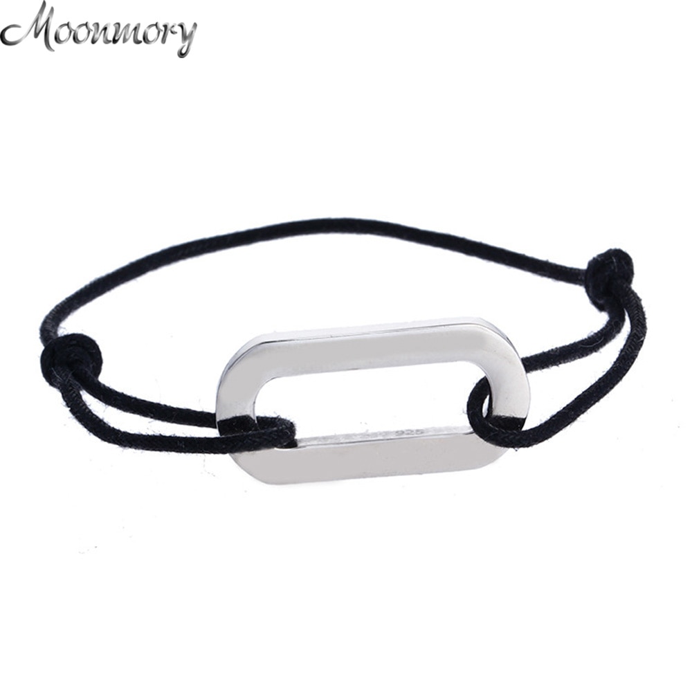 Moonmory France Style S925 Sterling Silver Rectangle Bracelet With Black Rope Bracelets For Women and Men Length Adjustable