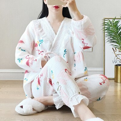 Flamingo Print Borstvoeding Kimono Jas + Verstelbare Broek Vrouwen Moederschap Pyjama Tweedelige Pakken Zwanger Verpleging Nachtkleding