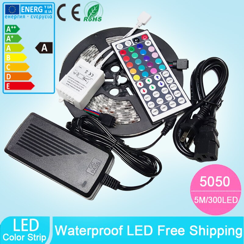 1pcs SMD5050 RGB LED Strip 5M 300LEDs DC12V IP65 Waterdicht met 44 Keys IR Remote Controller 12V 5A Power Adapter Licht