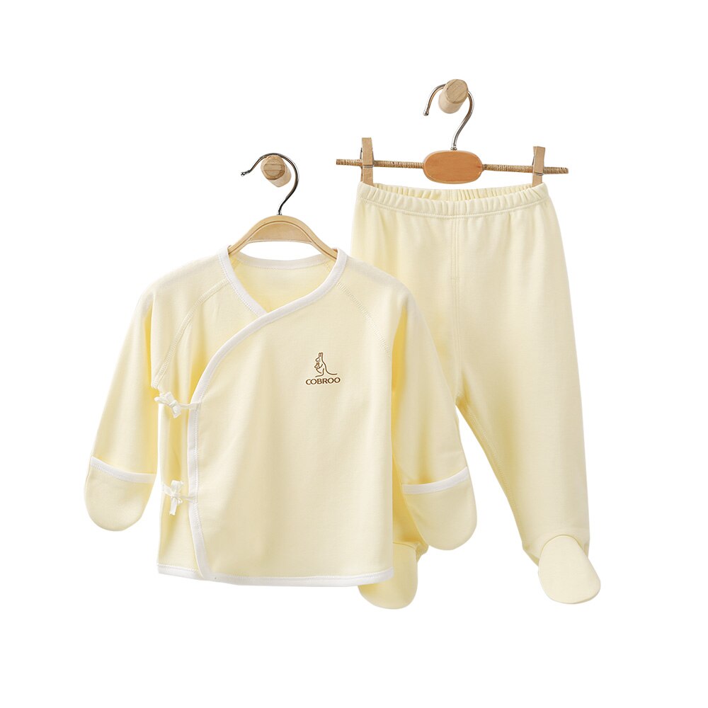 Cobroo 100% Katoen Pasgeboren Baby Footies Pyjama Set Met Mitten Manchetten Lange Mouw Baby Kimono En Broek Set 0-3 Maanden: Yellow / Newborn