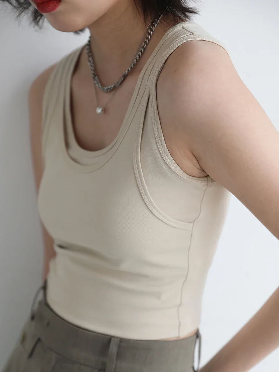 CHIC VEN Women Tank Top Camisole Solid Slim Fit Short U-neck Suspender Vest Crop Tops Women Summer Basic Elastic: S / Coffee