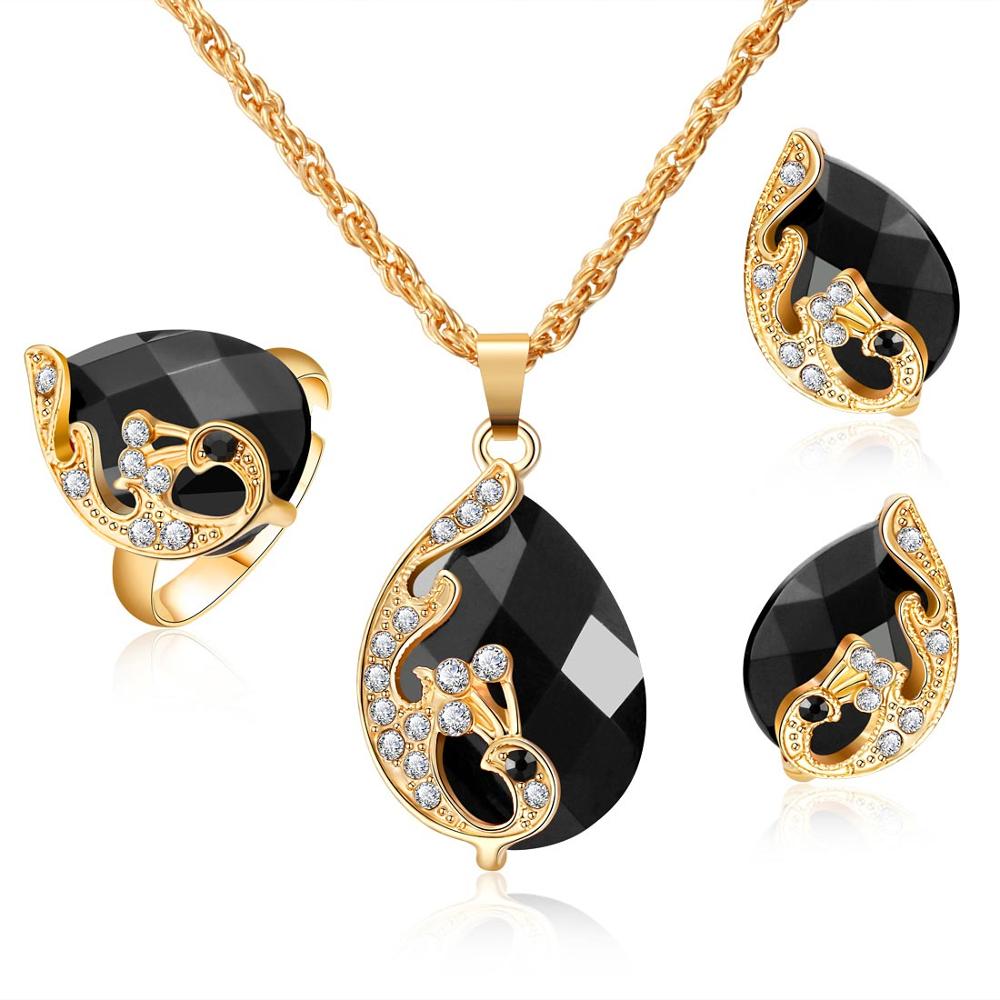 Neue Champagner Gold Farbe Kristall Kirsche Schmuck setzt Für Frauen Hochzeit Party Einstellbare Ring Schlüsselbein Kette Zweig Ohrringe: F1184