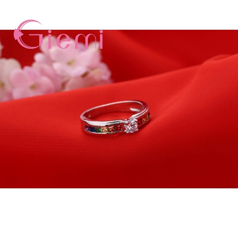 Colorful Rainbow Crystal 925 Sterling Silver Band Ring for Women Female Party Wedding Engagement Jewelry