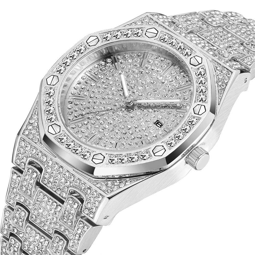 Reloj de pulsera con diamantes de acero dorado para hombre, cronógrafo masculino de de lujo, estilo Hip Hop,