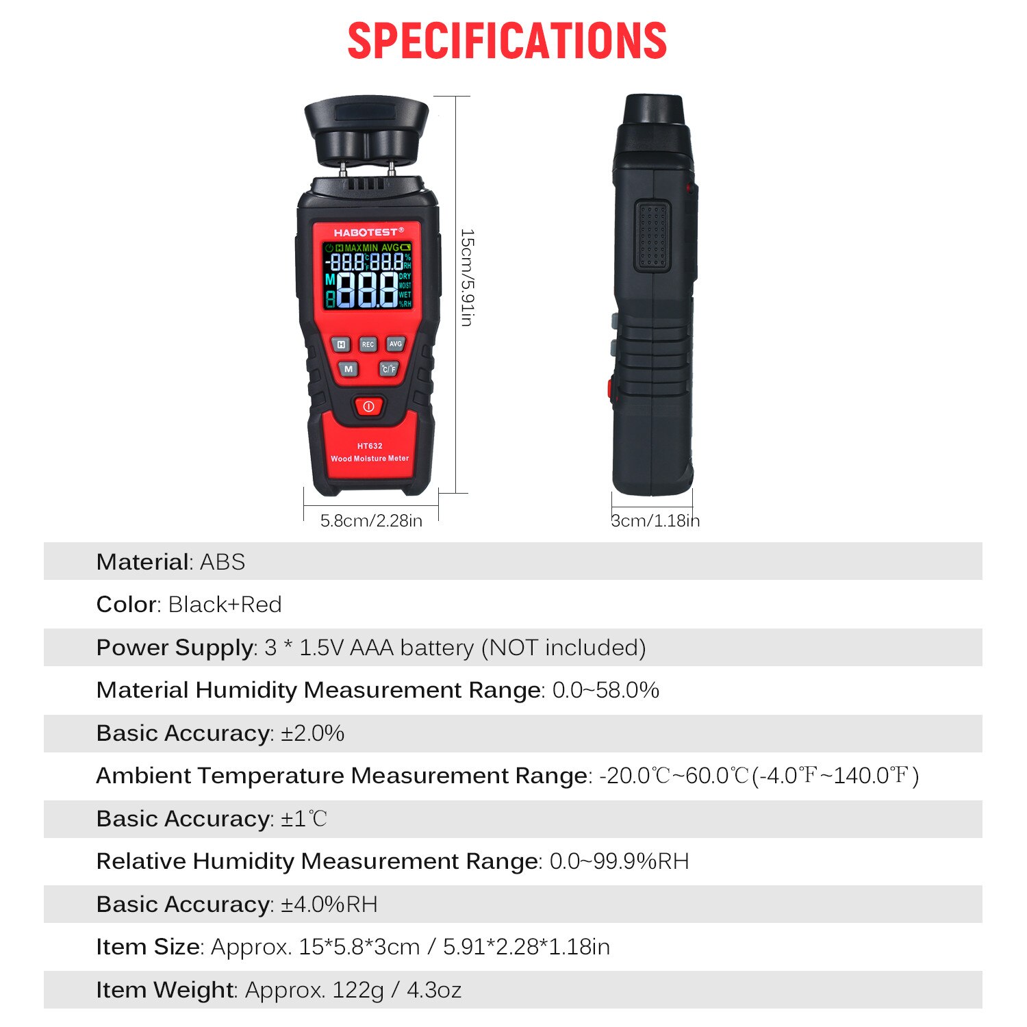 Digital Wood Moisture Meter with 2 Pin Probe Wood Moisture Tester with Backlight Thermometer Hygrometer Wood Humidity Tester