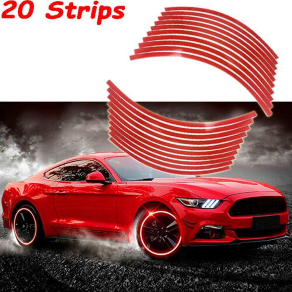 20 Strips Red Reflective Motorcycle Car Rim Stripe Wheel Decal Tape Sticker Ring Viny Material High
