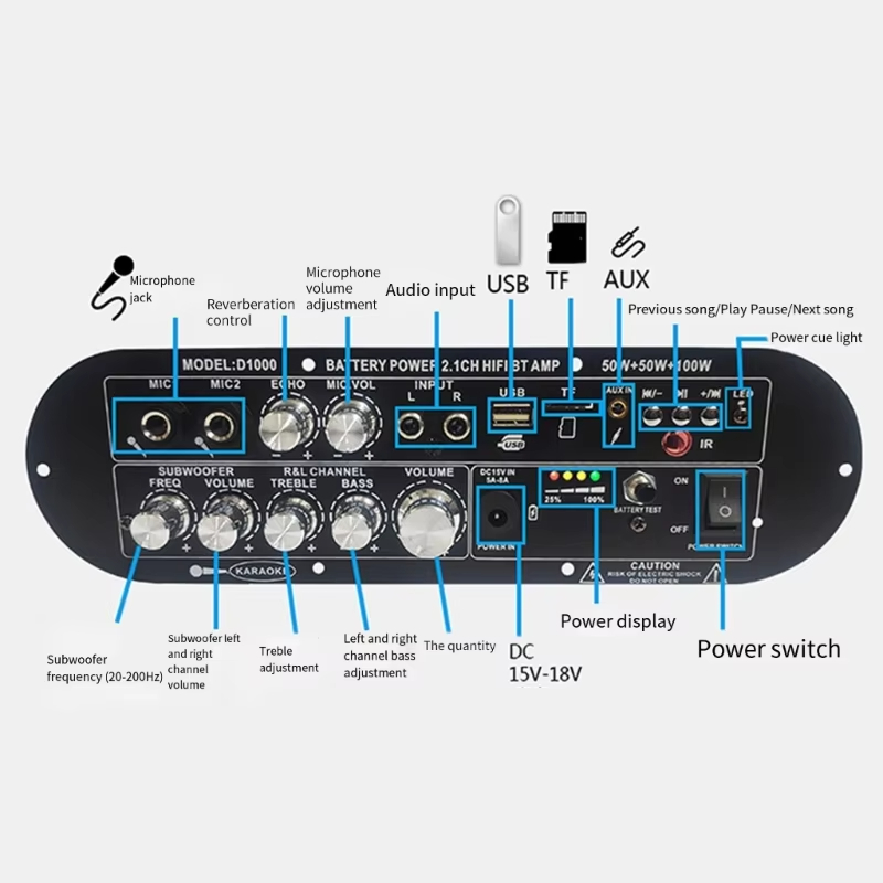 WOOPKER D1000 Bluetooth Amplifier Board 50W+50W+100W 2.1 Channel BT5.0 Rechargeable Subwoofer Amplifier for Car Home Karaoke