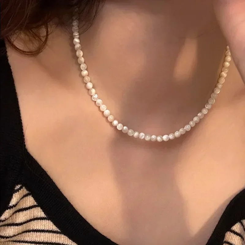 Minar 4 6 8mm klar hvid farve rund halskæde med naturlige muslinger og perler til kvinder forsølvet kæde med perler og halskæder