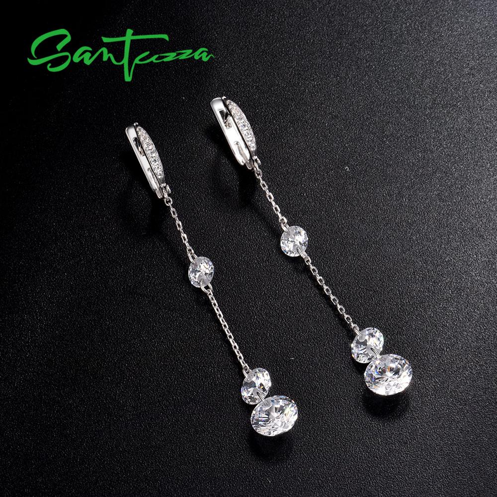 Boucles d'oreilles en argent SANTUZZA pour femmes pur 925 argent Sterling étincelant blanc zircon cubique longues boucles d'oreilles goutte bijoux fins