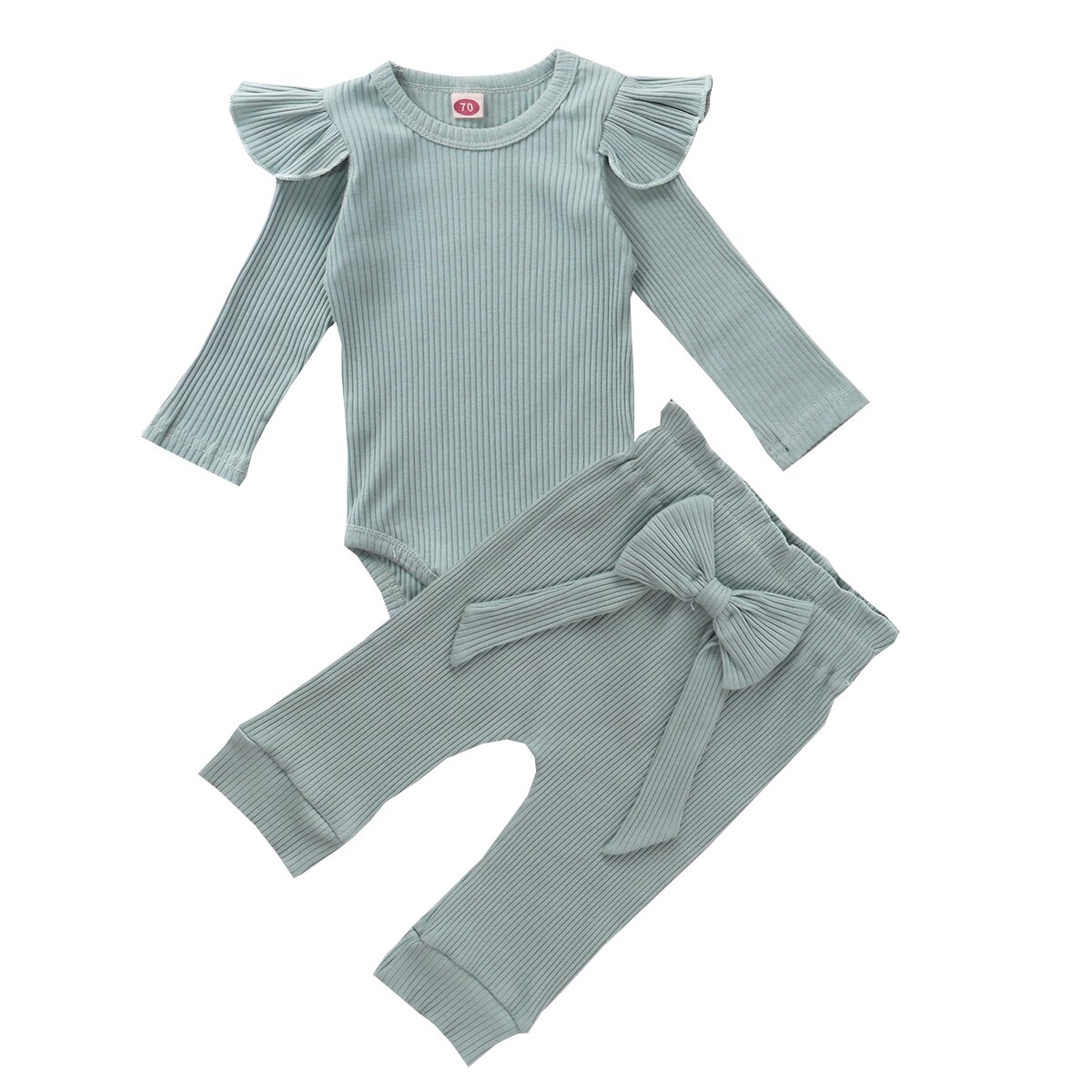 2 Stuks Peuter Kids Baby Girl Ruffle Bodysuit Romper Top Solid Strik Broek Broek Herfst Katoen Lange Mouw Outfit Kleding set: 2 / 12m