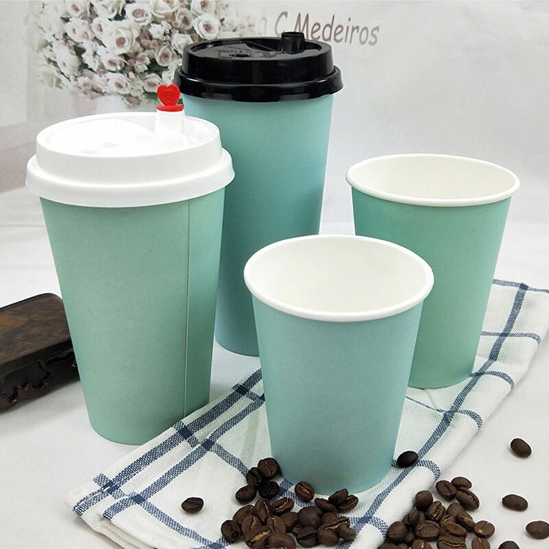 50 Stuks Blauw Dik Papier Cup Wegwerp Koffie Beker Melk Thee Drank Takeaway Verpakking Cups Met Deksels Wegwerp cup