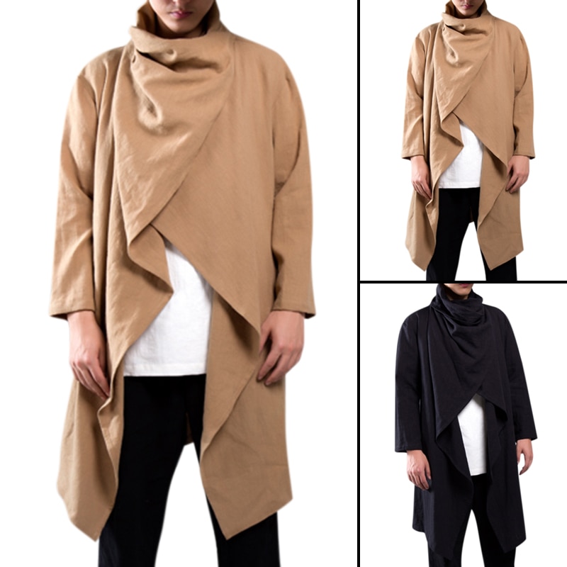 Kinesisk vintage mænd trenchcoat bomuld langærmet tørklæde krave hip-hop jakke frakker mænd kappe overtøj punk stil streetwear