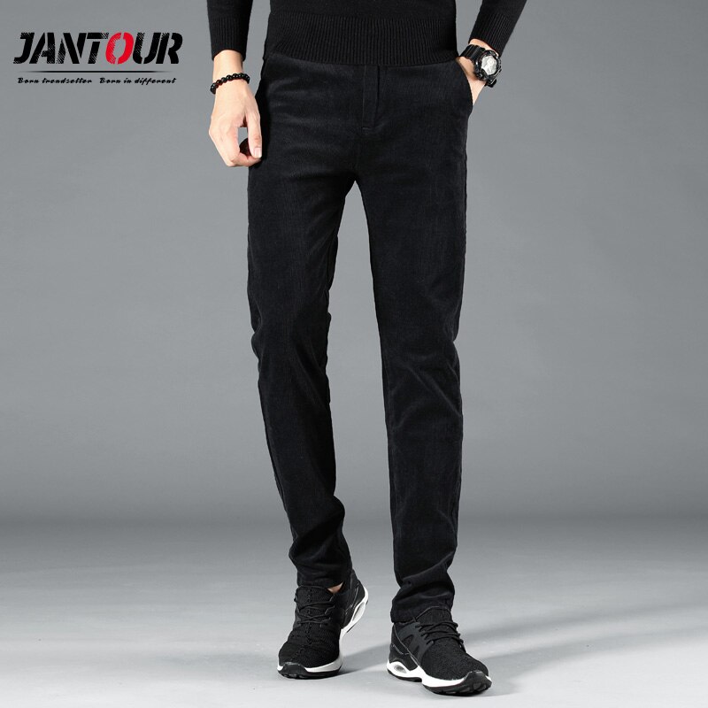 Herfst winter heren jeans slim fit dikke warme corduroy broek fleece broek heren casual zakelijke stijl lange broek heren: Zwart / 38