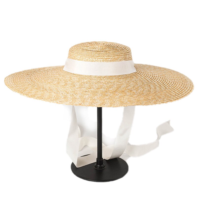 Brede rand boater hoed 15cm rand strohoed platte dames kentucky derby hoed lint stropdas zonnehoed strandpet: Wit