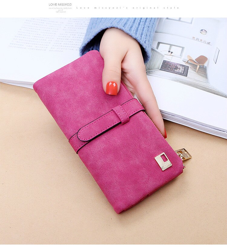 Mode Vrouwen Portefeuilles Trekkoord Nubuck Leer Rits Portemonnee Vrouwen Lange Portemonnee Tweevoudig Meer Kleur Clutch: Rose Red